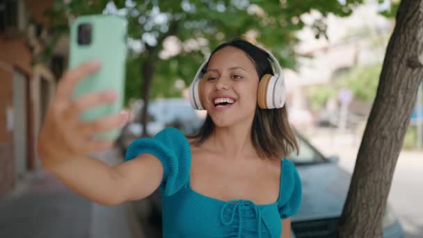 Young Hispanic Woman Smiling Confident Having Video Call Street — Vídeo de Stock