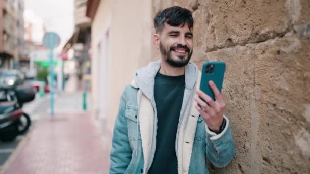 Young Hispanic Man Smiling Confident Having Video Call Street — Wideo stockowe