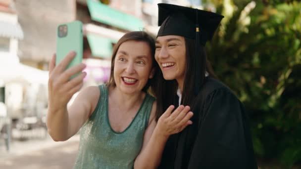 Two Women Mother Graduated Daughter Having Video Call Park — Stockvideo