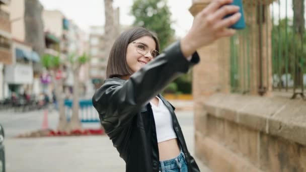 Young Hispanic Woman Smiling Confident Make Selfie Smartphone Street — Video