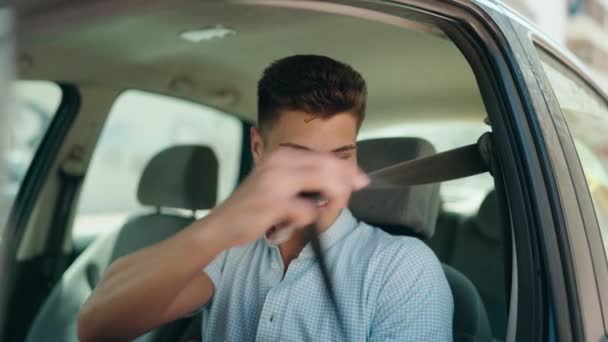 Young Hispanic Man Smiling Confident Driving Car Street — Vídeo de Stock