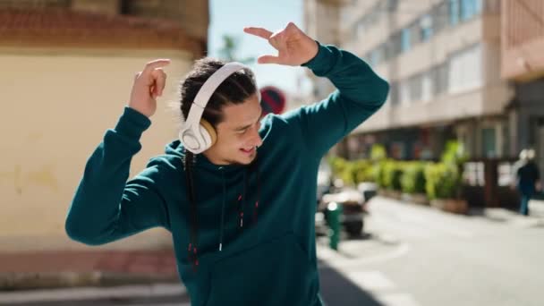 Young Man Listening Music Dancing Street — Video