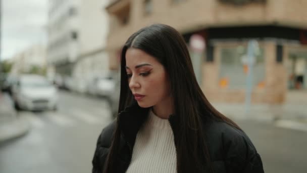 Young Hispanic Woman Relaxed Expression Looking Camera Street — Wideo stockowe