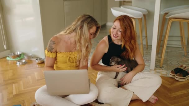 Two Women Using Laptop Sitting Floor Chihuahuas Home — 图库视频影像