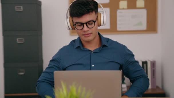 Young Hispanic Man Business Worker Having Video Call Office — Vídeos de Stock