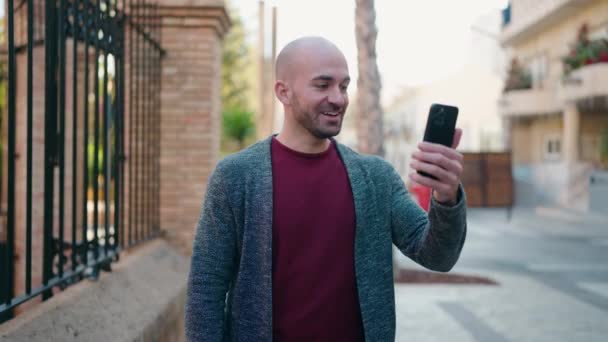 Young Bald Man Smiling Confident Having Video Call Street — Wideo stockowe