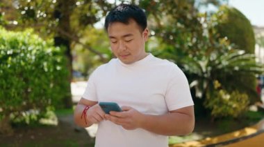Young chinese man using smartphone at park