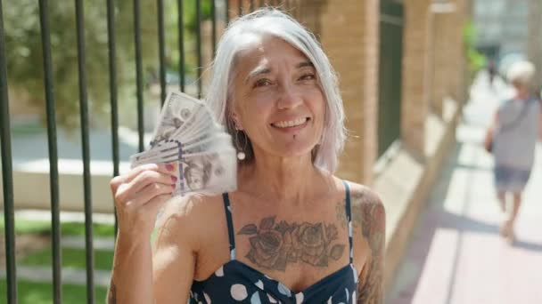 Middle Age Grey Haired Woman Smiling Confident Using Dollars Handfan — Stockvideo