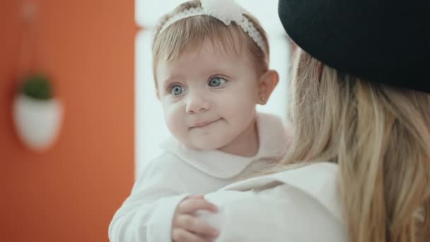 Adorable Blonde Baby Mother Arms Home — Vídeo de Stock