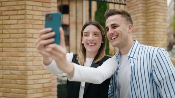 Man Woman Couple Hugging Each Other Having Video Call Street — Video Stock