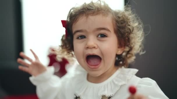 Adorable Hispanic Girl Playing Xylophone Standing Christmas Decoration Kindergarten — Stockvideo