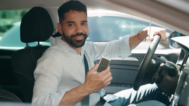 Young Arab Man Smiling Confident Holding Key New Car Street — Vídeo de Stock