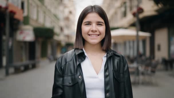 Young Hispanic Woman Smiling Confident Using Professional Camera Street — Stok video