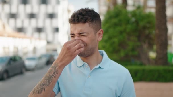 African American Man Smelling Bad Smell Park — Vídeo de Stock