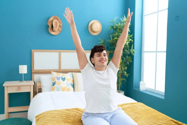 Non Binary Man Waking Stretching Arms Bedroom — Stock Photo, Image