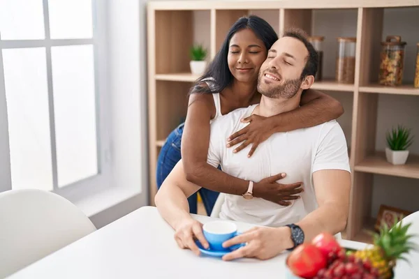 Man Woman Interracial Couple Drinking Coffee Sitting Table Home — Φωτογραφία Αρχείου