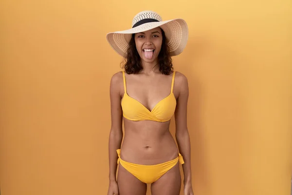 Young Hispanic Woman Wearing Bikini Summer Hat Sticking Tongue Out — Stock Photo, Image