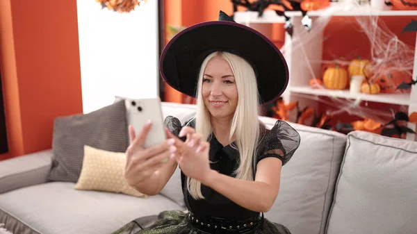 Young Blonde Woman Make Selfie Smartphone Having Halloween Party Home — Stok fotoğraf