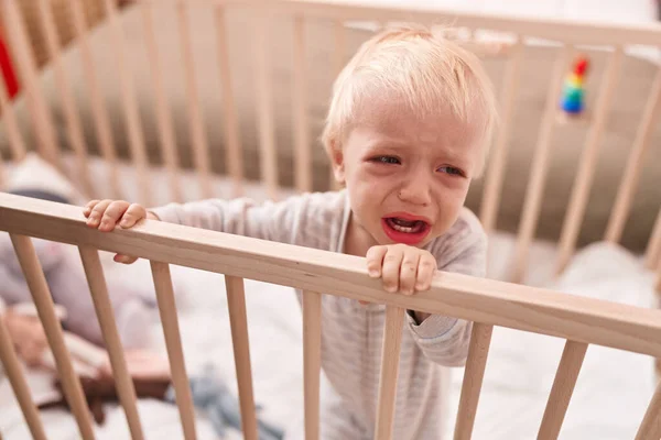 Adorable Blond Toddler Standing Cradle Crying Bedroom — Stock Photo, Image