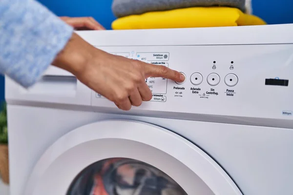 Young Woman Turning Washing Machine Laundry Room — Foto Stock