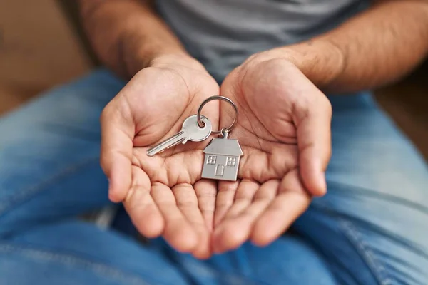 Young Hispanic Man Holding Key New House New Home — Stock Photo, Image