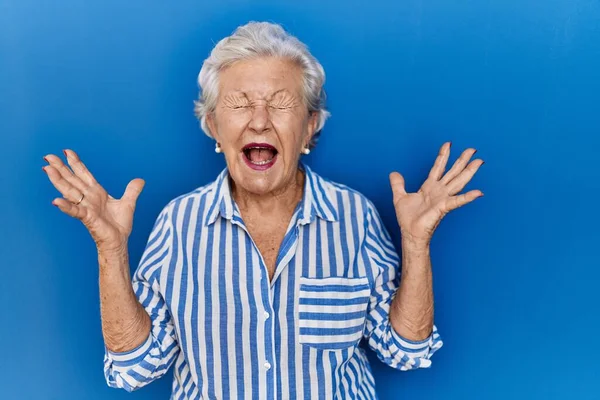 一位白发苍苍的老妇人站在蓝色的背景上庆祝着疯狂和疯狂的成功 她举起双臂 闭上着眼睛兴奋地尖叫着 获奖者概念 — 图库照片