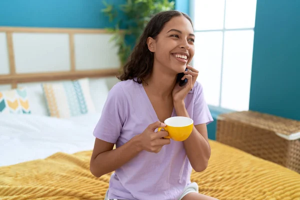 Young African American Woman Talking Smartphone Drinking Coffee Bedroom — Photo