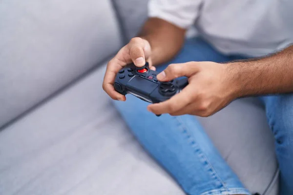 Young Hispanic Man Playing Video Game Sitting Sofa Home — Photo