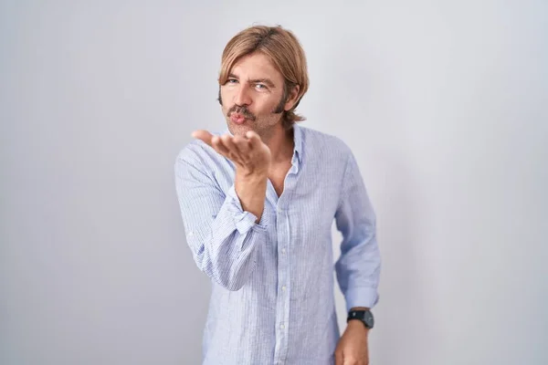 Caucasian Man Mustache Standing White Background Looking Camera Blowing Kiss — Stock Photo, Image