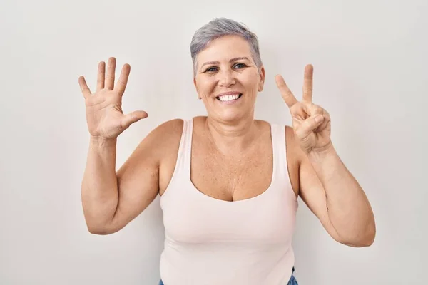Middle Age Caucasian Woman Standing White Background Showing Pointing Fingers — 图库照片