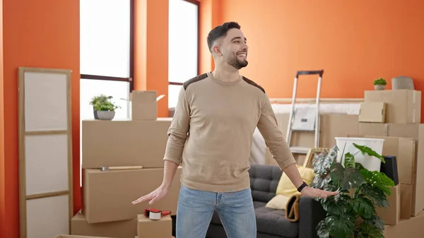 Young Arab Man Smiling Confident Dancing New Home — Stock Photo, Image