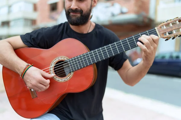 Young Hispanic Man Musician Playing Classical Guitar Street —  Fotos de Stock