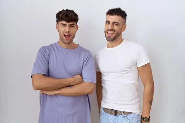 Homosexual Gay Couple Standing White Background Winking Looking Camera Sexy — Stock Photo, Image