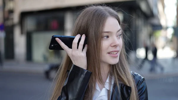 Young Blonde Woman Smiling Confident Listening Audio Message Smartphone Street — стоковое фото