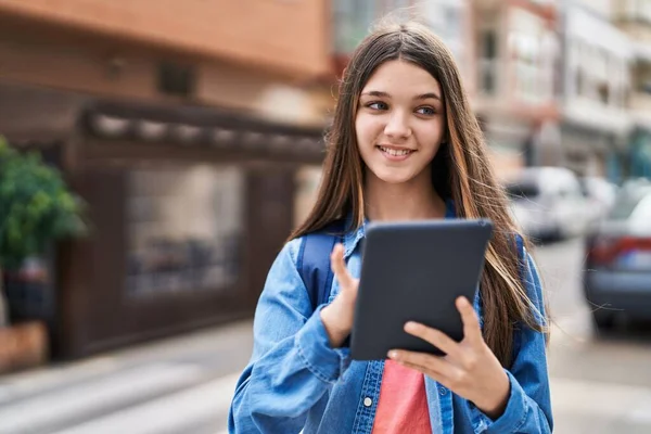 Adorable Girl Student Using Touchpad Street — Stock Photo, Image