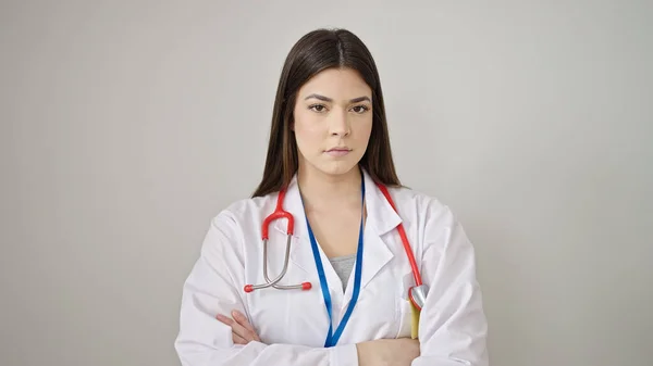 Young Beautiful Hispanic Woman Doctor Standing Relaxed Expression Arms Crossed — Stock Photo, Image
