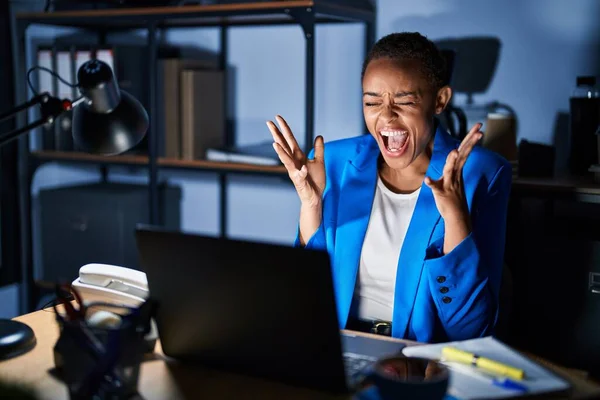 Beautiful African American Woman Working Office Night Celebrating Mad Crazy — Stock Photo, Image