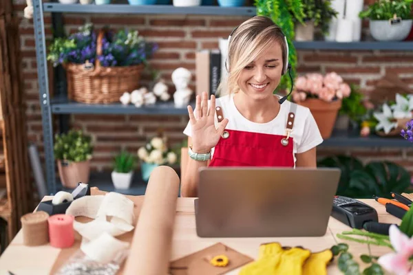 Young Blonde Woman Working Florist Shop Doing Video Call Looking — Stock Photo, Image
