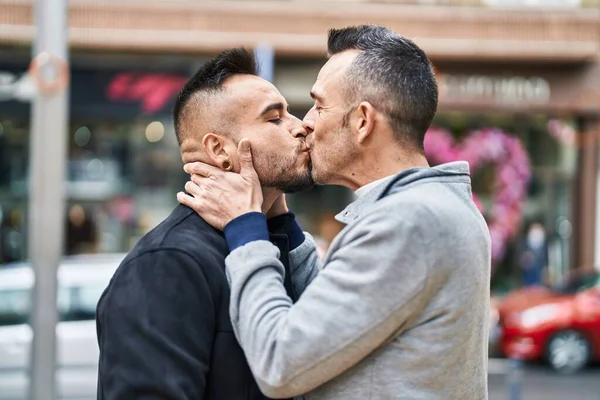 Two Men Couple Hugging Each Other Kissing Street — 스톡 사진