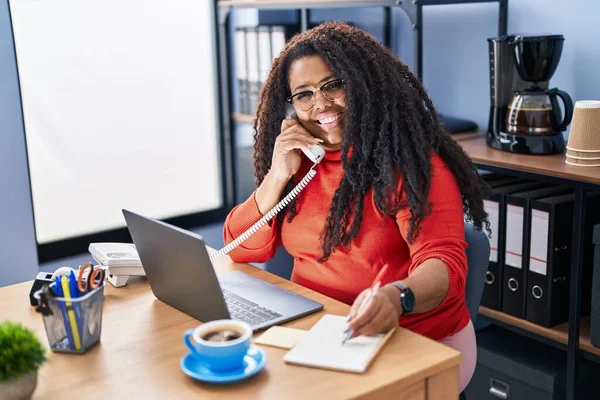 African American Woman Business Worker Talking Telephone Writing Notebook Office — Stock Photo, Image