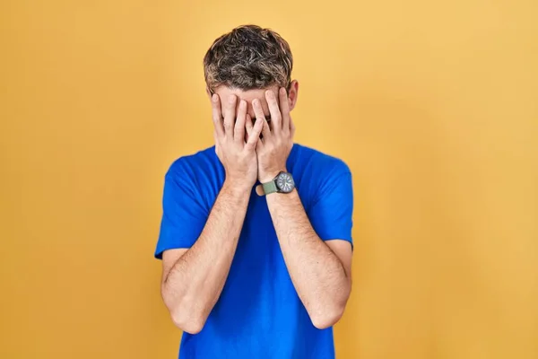 Hispanic Man Beard Standing Yellow Background Sad Expression Covering Face — 스톡 사진