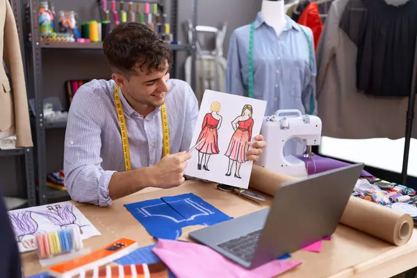 Young Hispanic Man Tailor Having Video Call Showing Clothing Design — Stock Photo, Image
