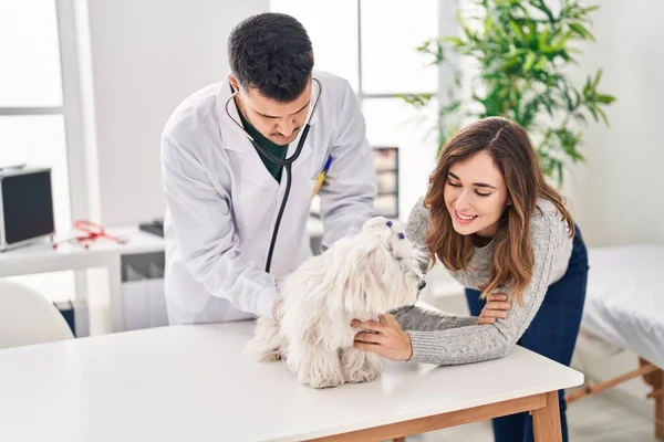 Man Woman Veterinarian Auscultating Dog Veterinary Clinic — Fotografia de Stock