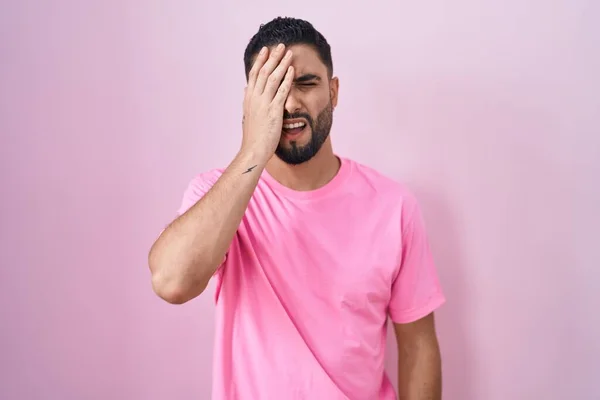 Hispanic Young Man Standing Pink Background Yawning Tired Covering Half — Stock Photo, Image