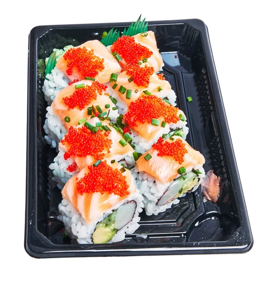 Delivery Tray Delicious Salmon Uramaki Rolls Isolated White Background — Stockfoto