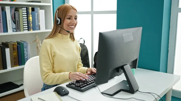 Young Blonde Woman Student Smiling Confident Having Video Call University — Stock Photo, Image