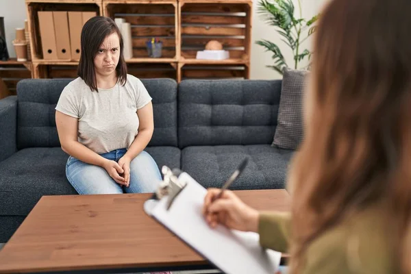 Hispanic Girl Syndrome Doing Therapy Skeptic Nervous Frowning Upset Because — Stock Photo, Image