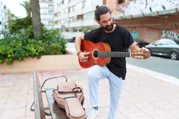 Young Hispanic Man Musician Playing Classical Guitar Park — Stok fotoğraf