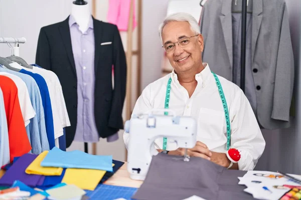 Middle Age Man Grey Hair Dressmaker Using Sewing Machine Hands — Stock Photo, Image