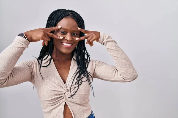 African Woman Braids Standing White Background Doing Peace Symbol Fingers — Stockfoto